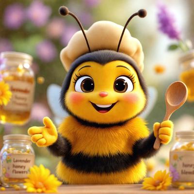 The primary subject of the image is a cartoon bee character, which is holding a spoon and smiling. The setting is a table with various jars of honey on it. The visual style is a digital art or illustration, with a bright and cheerful atmosphere. The colors are predominantly yellow, which is associated with honey and the bee character.